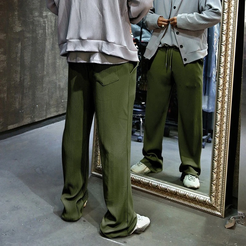 Autumn Winter Men's Stripe  Pants Elastic Waist Drawstring Straight Thick Outdoors Loose Casual Trousers