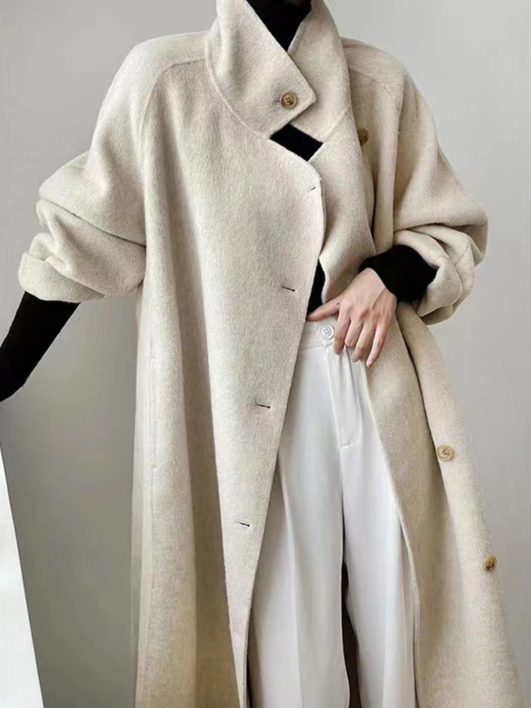 XIWEN Office Lady Double Sided Woolen Coat Women's Stand Collar Single Breasted Solid Color Mid Length Coats 2024 New XF3034