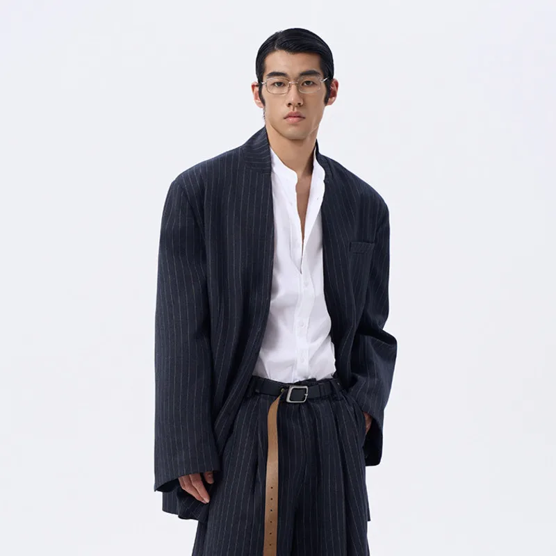 WVGA Spring Autumn New Men Striped Trendy Collarless Oversized Blazer Niche Chic Casual Lightweight Long Sleeve Coats Ins W27676