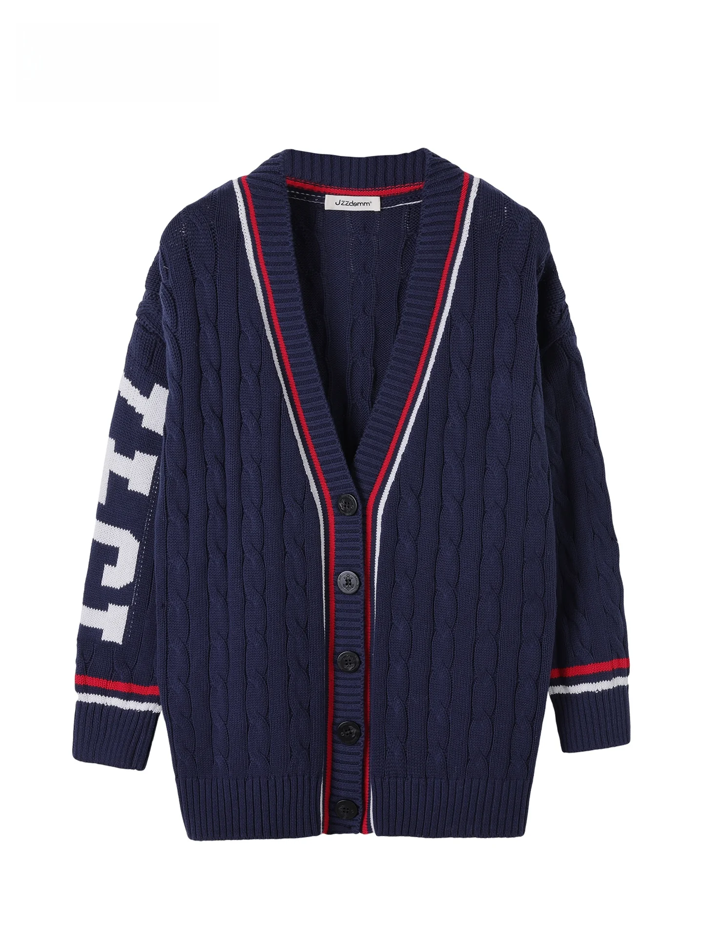 

00% Cotton JZZDEMM College Sle V-Ne Twisted Knit Open Cardigan Women's Color Blo Button Outerwear Versatile Sweater