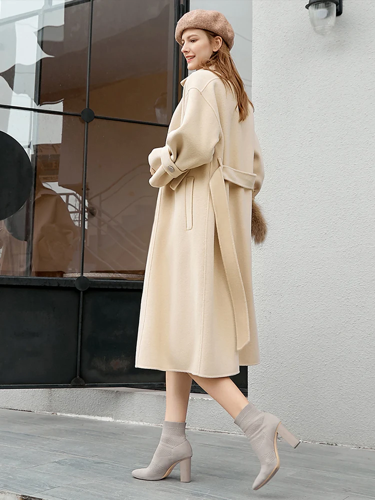 Amii Winter Women Fashion Double Woolen Coat  Elegant Lapel Solid Loose with Belt Female Long Jackets Overcoat 11920244