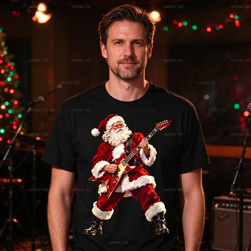 Santa Claus Playing Guitar Funny Christmas T-Shirt Y2k Electric Guitar Player Santa Claus Souvenirs Novelty Gift Soft Cotton Tee