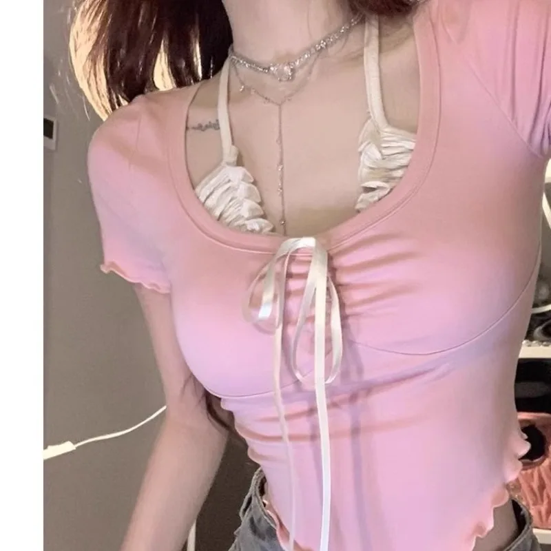 Bonito quente azul falso duas peças t camisa feminina verão doce sexy fora do ombro fino ajuste manga curta moda topo