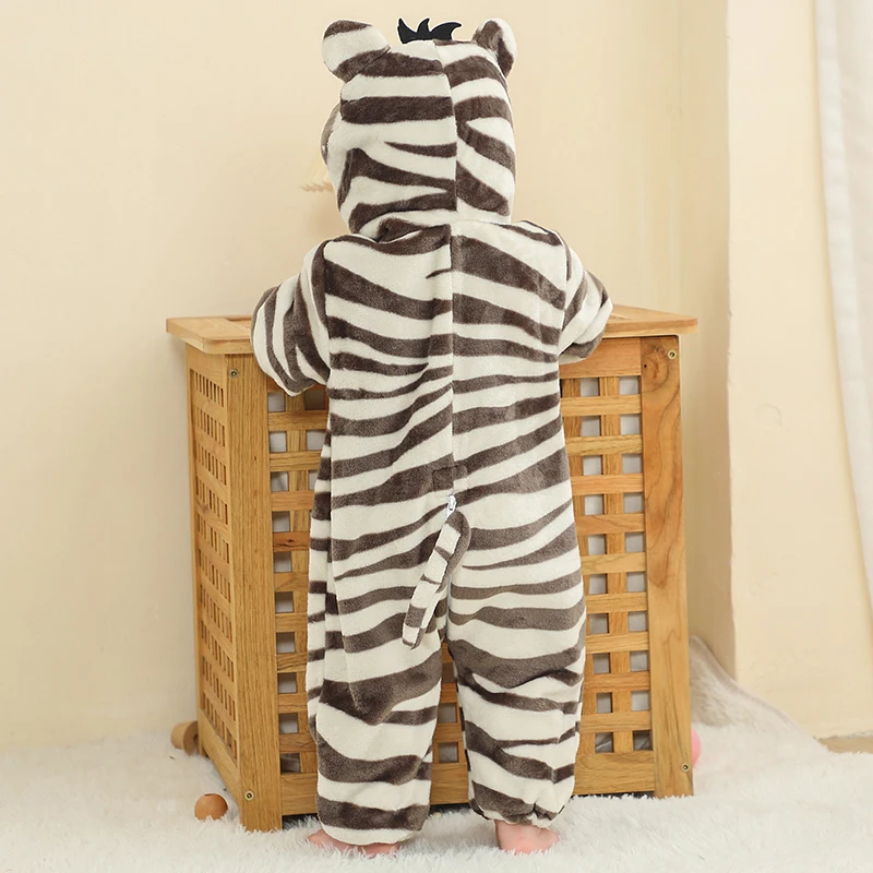 MICHLEY Halloween Cute Zebra Baby Rompers Winter Clothes Costume Flannel Hooded Bodysuits Pajamas Animals Jumpsuit For Girls Boy