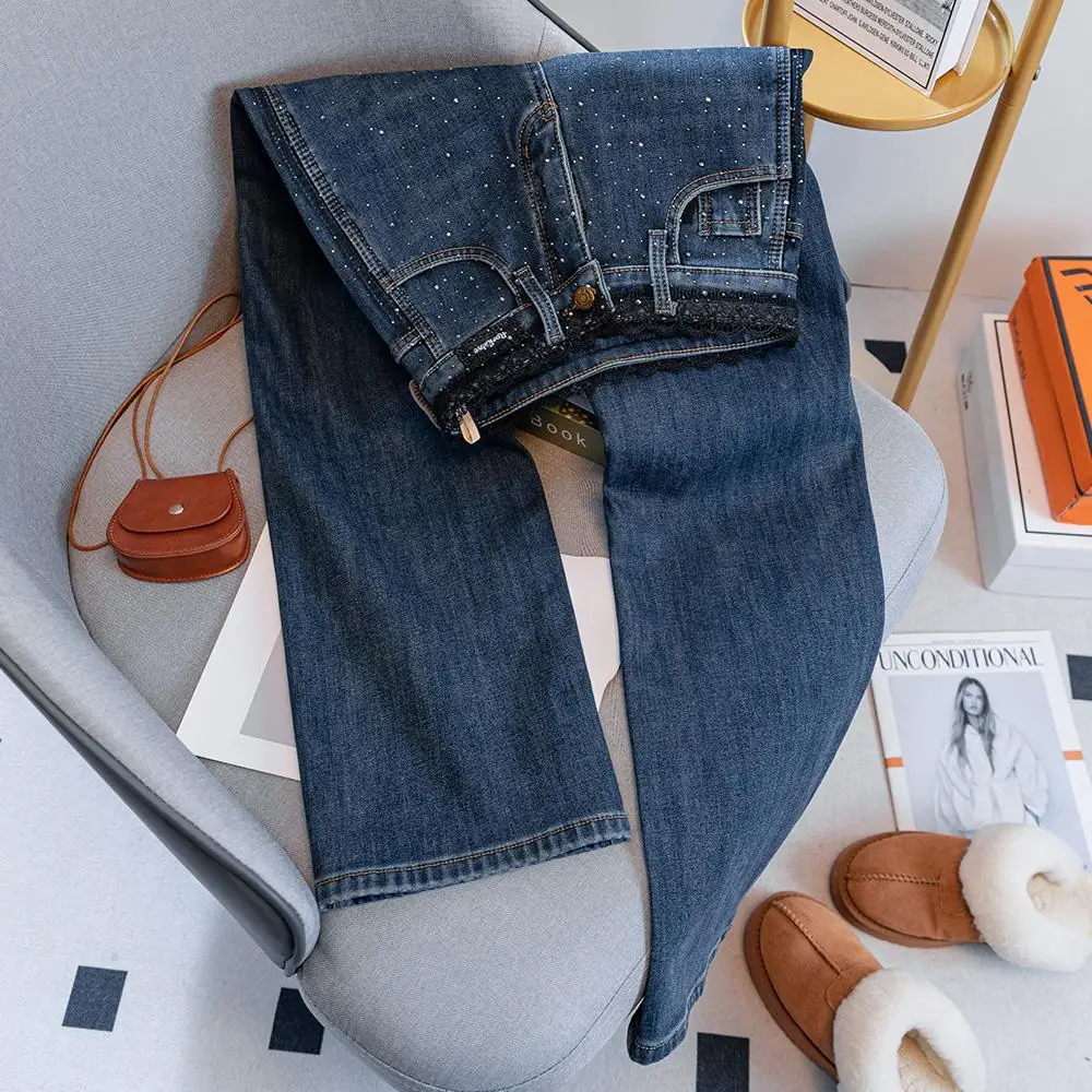 Vintage rendas strass denim calças femininas coreano cintura alta retalhos perna larga jeans na moda fivela casual calças retas