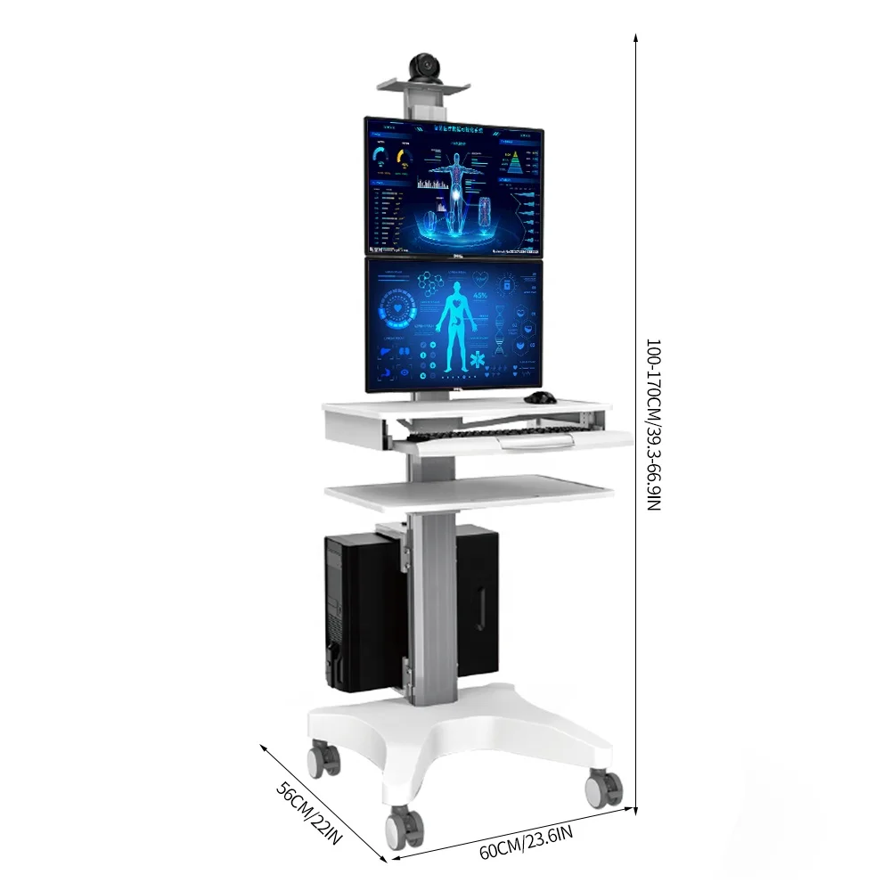 Medical Trolley Metal Frame White Abs Emergency Crash Cart Powered With Pu Caster Wheels With 2 Monitor Mounts Workstation Cart