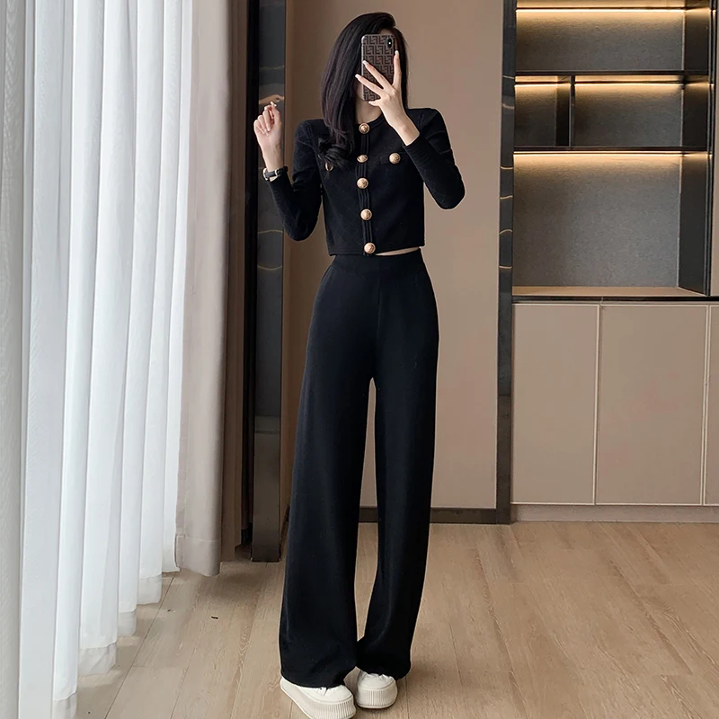 ZJYT Autumn Winter Knitted Pant Sets 2 Pieces for Women Fashion Buttons Long Sleeve Cardigan Sweater Trousers Suit Black Outfit