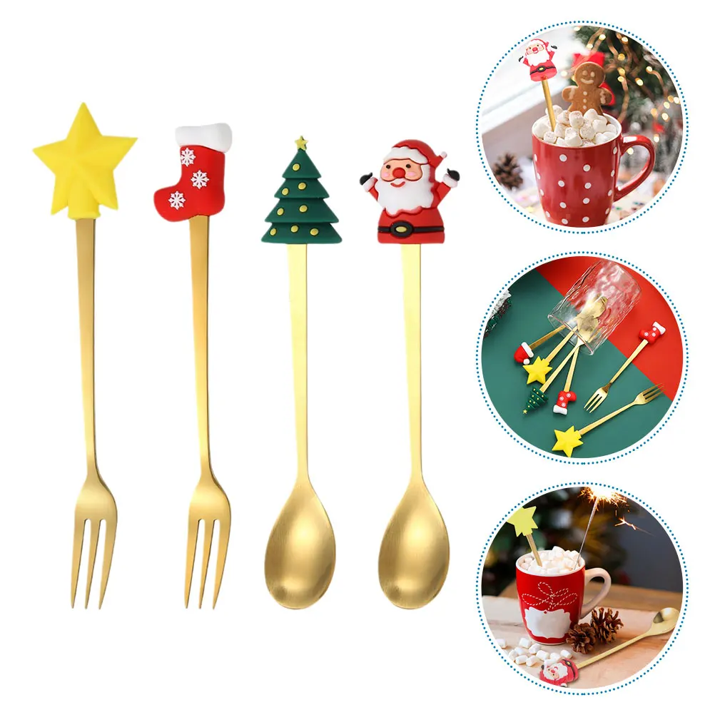 

1 комплект, 1 комплект, кофейные ложки из нержавеющей стали, рождественский набор столовых приборов, элегантные десертные вилки, нержавеющие ложки для смешивания с длинной ручкой для