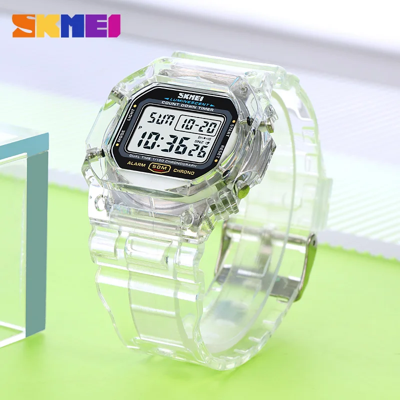 Reloj de pulsera SKMEI 1999 transparente con correa de PU para mujer, reloj de pulsera a prueba de golpes para mujer, relojes digitales multifuncionales con cuenta regresiva de 2 horas para mujer