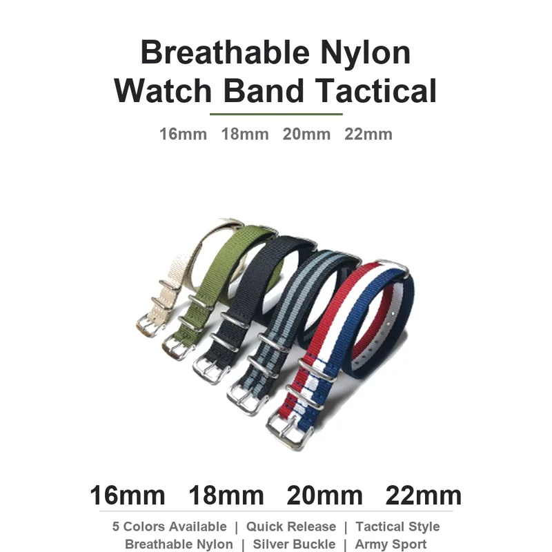 Breathable Nylon Watch Band 16mm 18mm 20mm 22mm Tactical Replacement Strap Quick Release for Casio G-Shock Army Sport Watch Belt