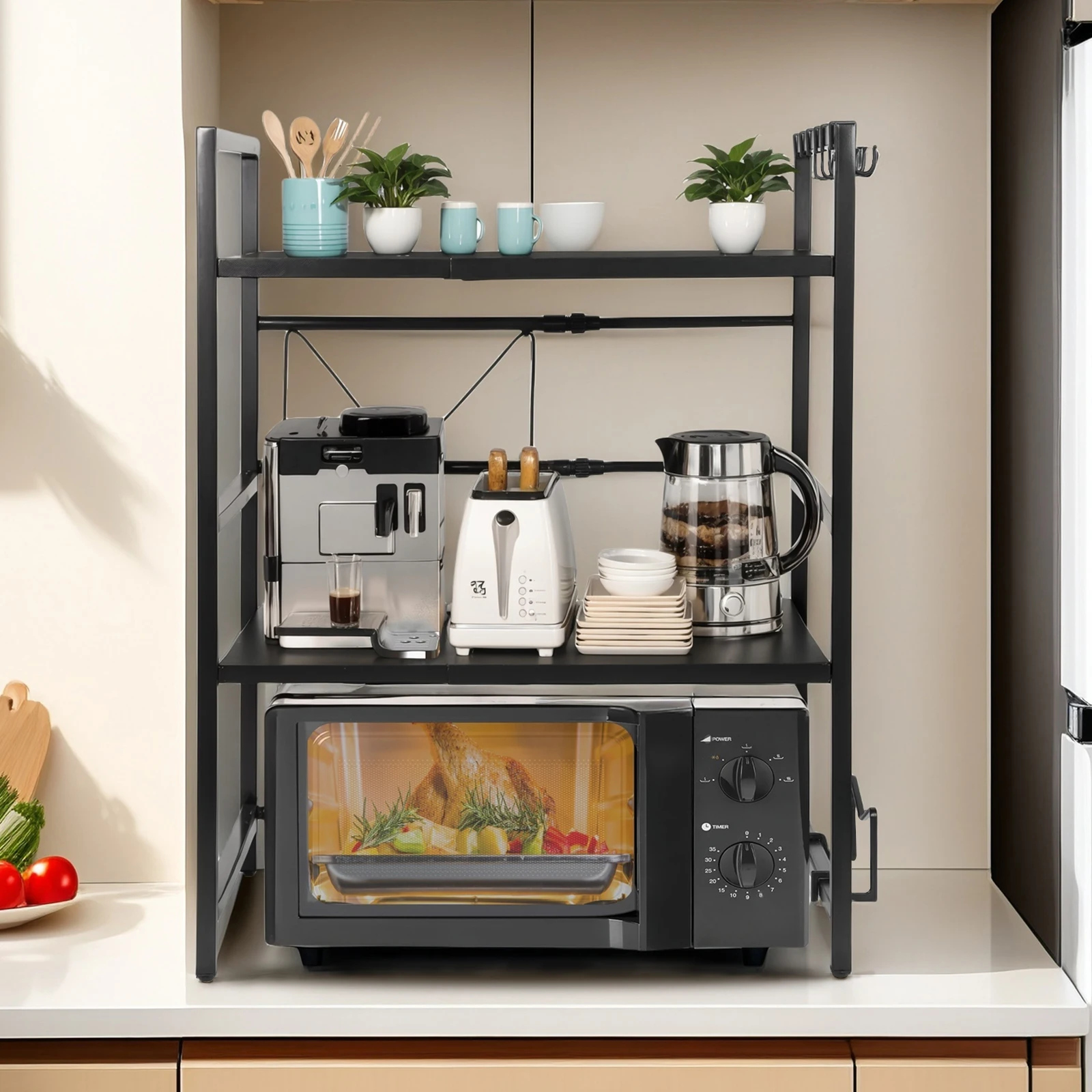 

2 Tier Microwave Stand with Hooks Seasoning Storage Rack Condiment Organizer Stand for Countertop Kitchen Utensils Tableware