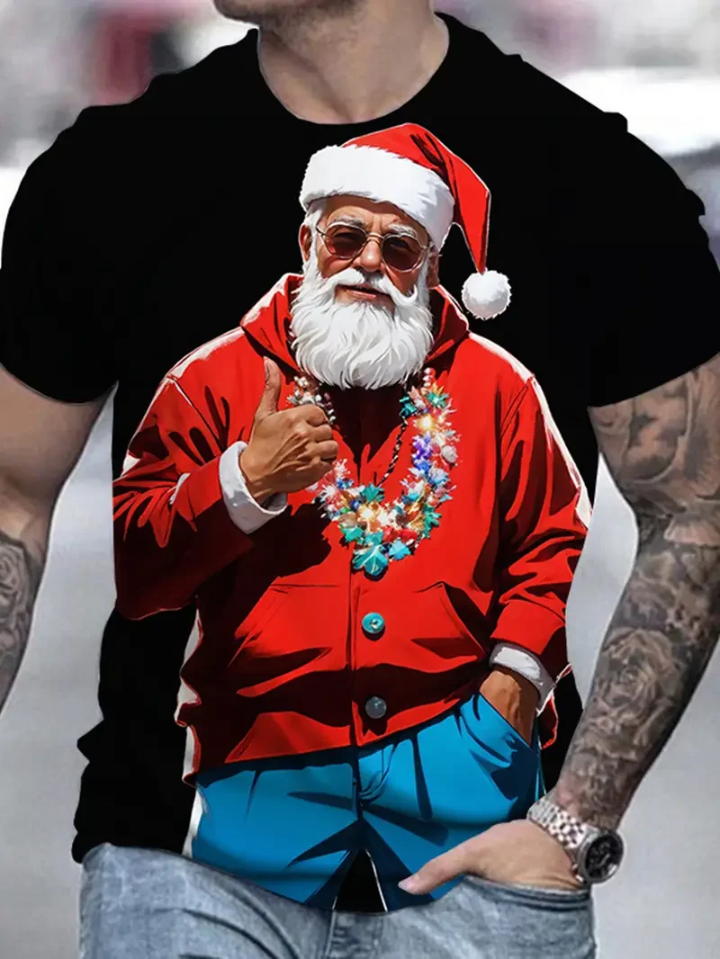Funny Santa Claus 3D printed autumn and winter men's Christmas T-shirt fashion short sleeved top casual plus size men clothing
