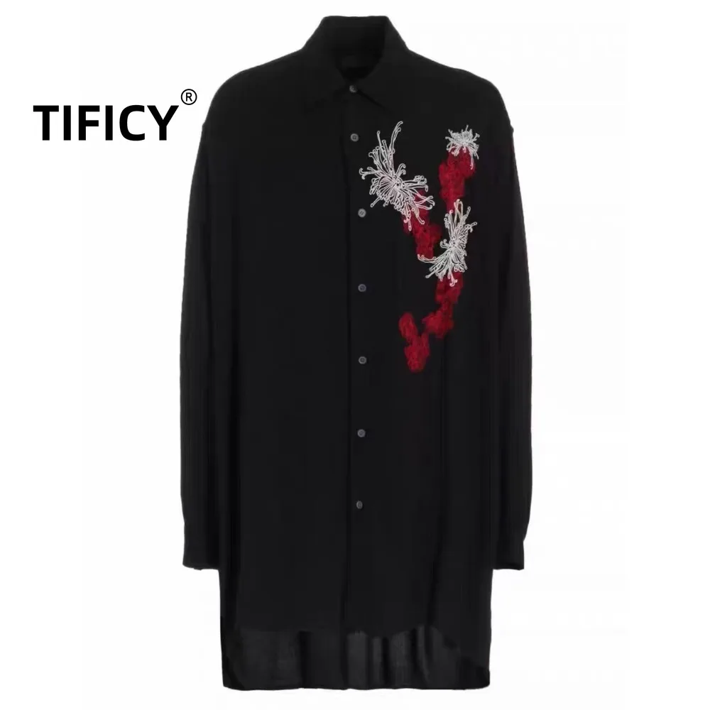 High Street Shirts Men's Dark Style Chrysanthemum Embroidery Blend Streetwear Casual  Loose Long Shirt Windbreaker
