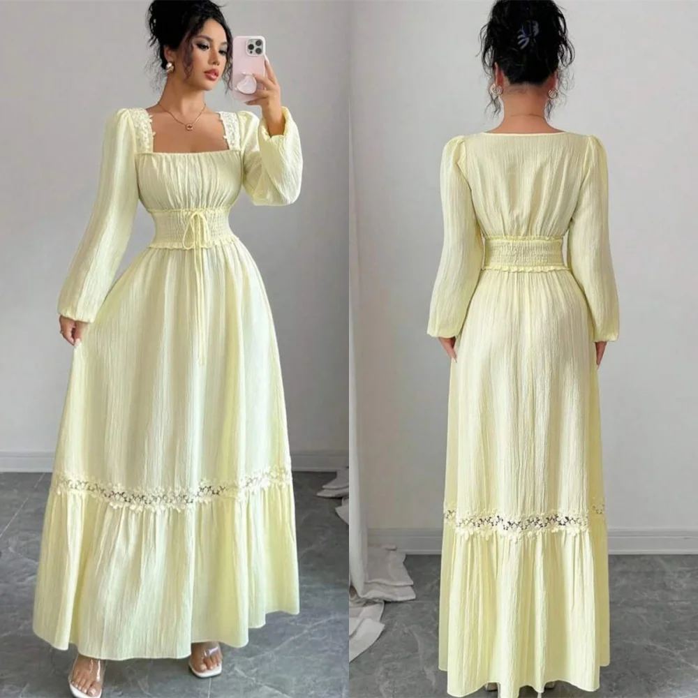 

Customized Classic Yellow Jersey Evening Dress Graceful Square Collar Long Sleeves Sweep Train Lace Special Occasion Gowns
