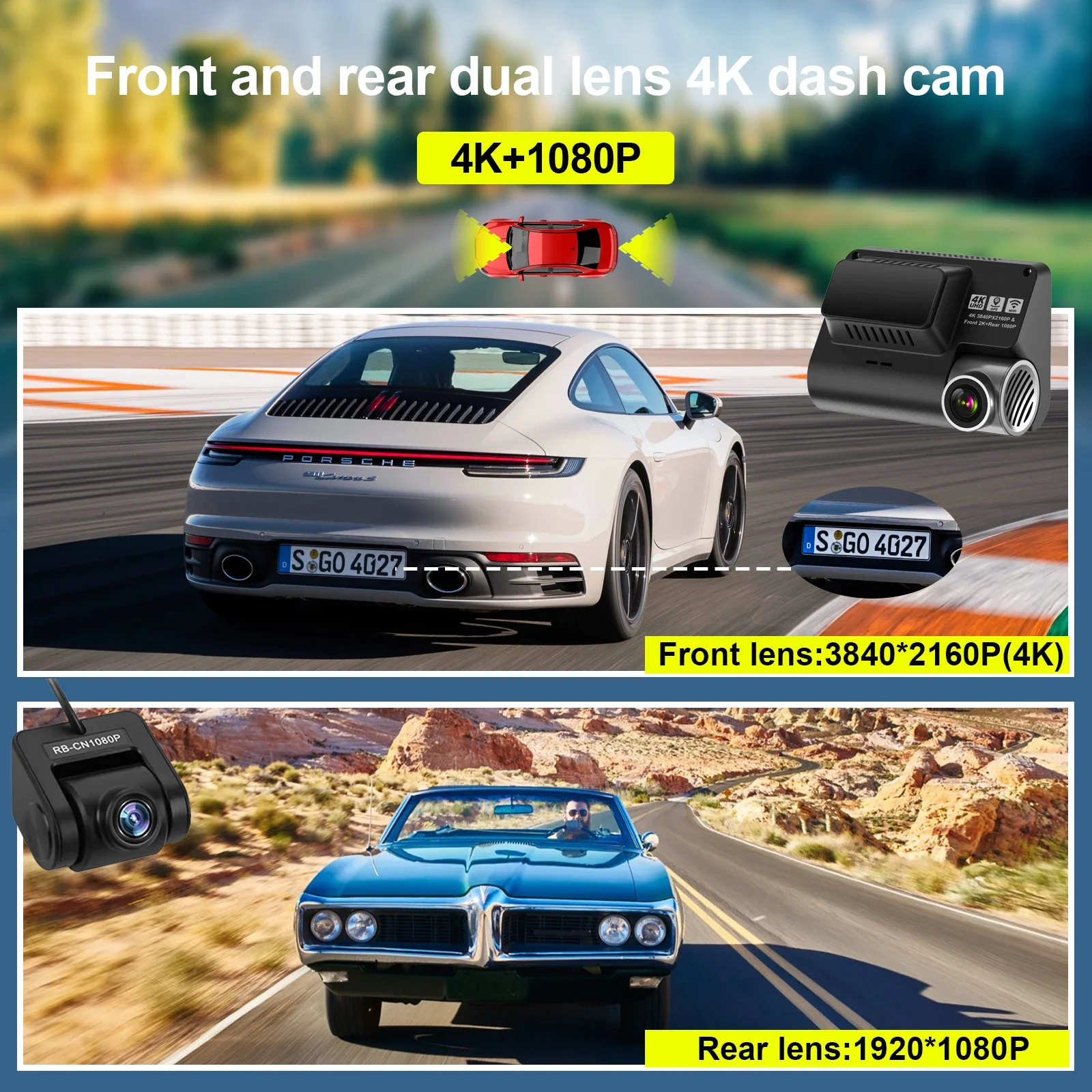 كاميرا V55 Dashcam 4k الجديدة مع نظام تحديد المواقع بعدسة مزدوجة كاميرا داش Dvr 4k واي فاي مع التطبيق الأمامي والخلفي المزدوج 2 قناة 4k داش كام