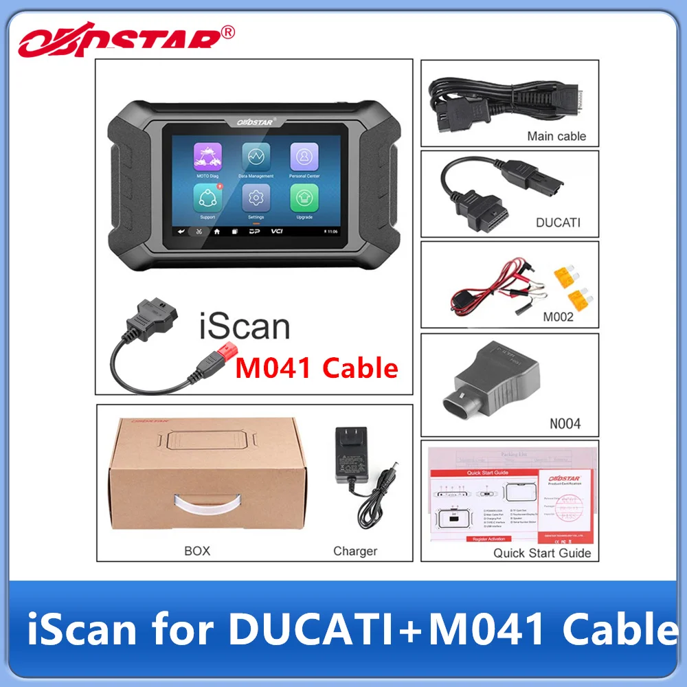 OBDSTAR IScan, strumento di diagnostica per motocicli DUCATI, con cavo M041 e supporto per la programmazione del sistema di immobilizzazione.