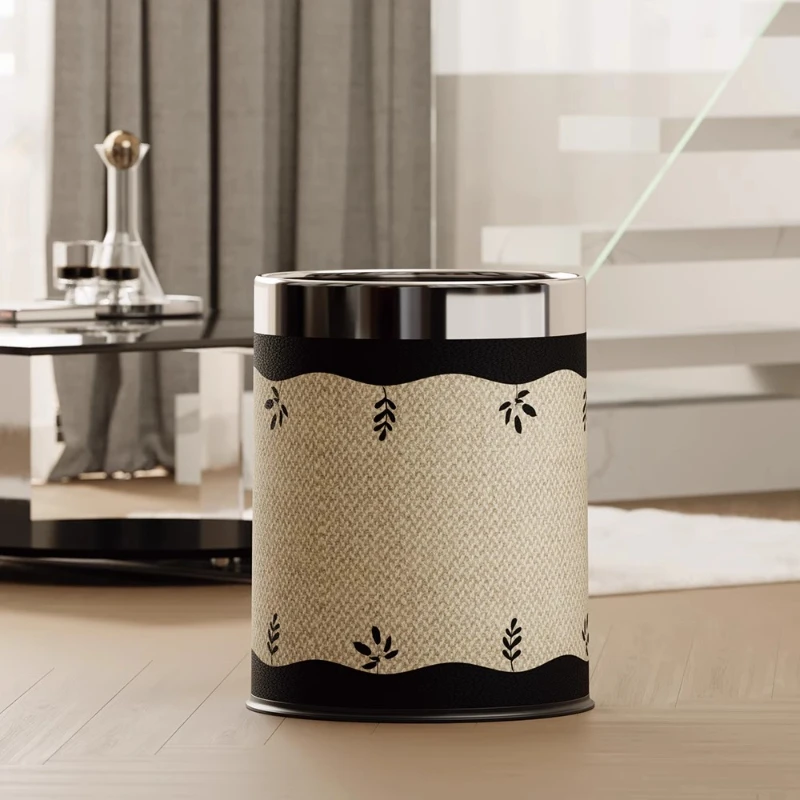 

French Style Leather Garbage Bin, Chic Office & Living Room Wastebasket, Elegant Large Capacity Trash Can