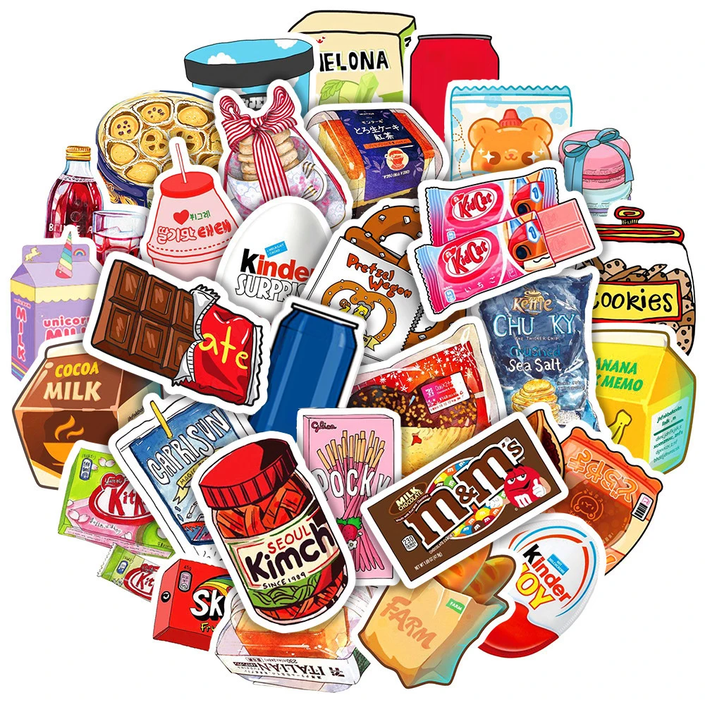 50Pcs Food Drink Milk Packaging Stickers Waterproof Phone Bike Wall Motorcycle Cool Car Sticker for Kids Toys Wholesale