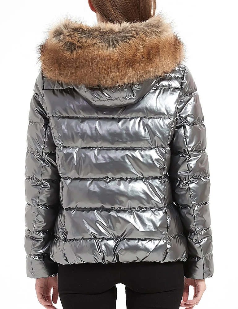 Giolshon Vrouwen Gewatteerde Lichtgewicht Puffer Coat Warm Bontkraag Capuchon Vrouwelijke Shiny Patent Parka Down Jassen Bovenkleding