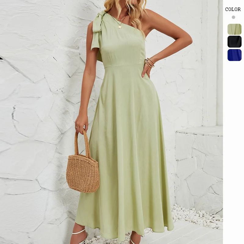 

European-style Women's Summer Dress with Bows Shoulders, Single-sleeved, Party Style, Fitted At The Waist, Elegant Long Dress