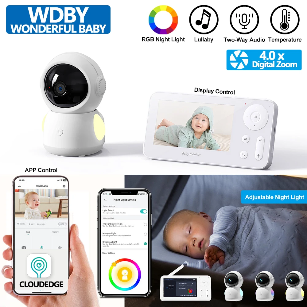 4.2 Inch Video Baby Monitor with PTZ Zoom RGB Night Light APP Controlled Babyphone Surveillance Camera with Lullaby Function