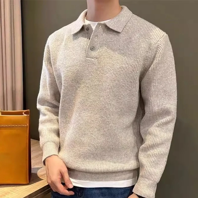 

Men's Knit Sweater Autumn Winter Pullover Korean Soft Heavyweight Knit Polo Sweater Minimalist Long Sleeve Solid Casual Pullover
