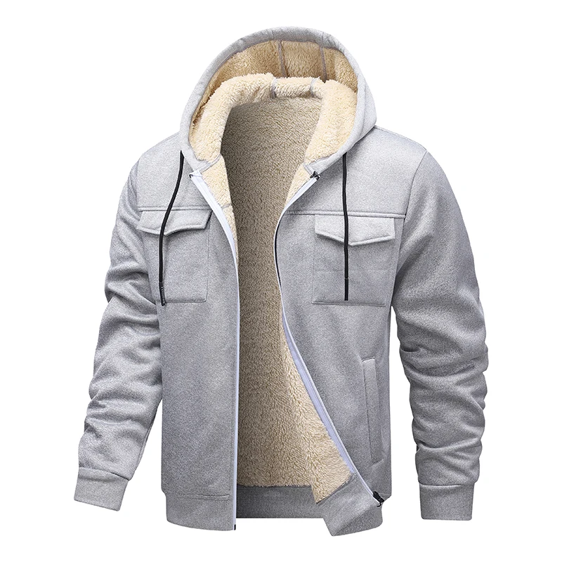 Mens Solid Color Lapel Fleece Cargo Jacket Autumn Winter New Fashion Thick Thermal Lambswool Zip Up Hoodie Jackets Men Coats