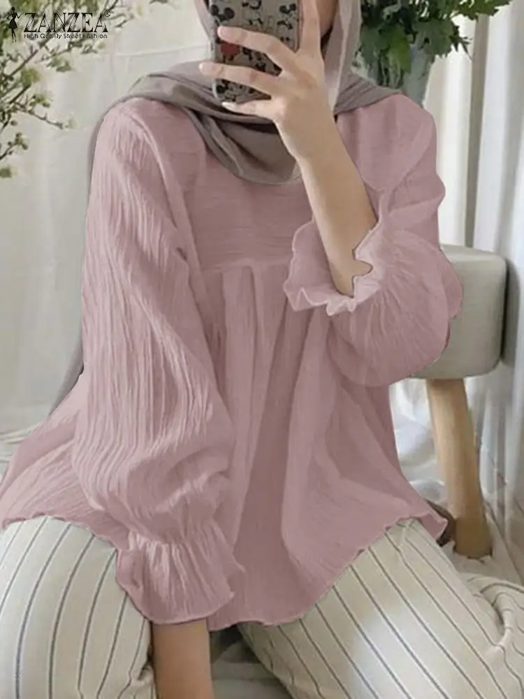 

ZANZEA IsIamic Abaya Women O Neck Long Sleeve Shirt Turkey Blouses Autumn Muslim Tops Casual Solid Loose Blouse Dubai Kaftan