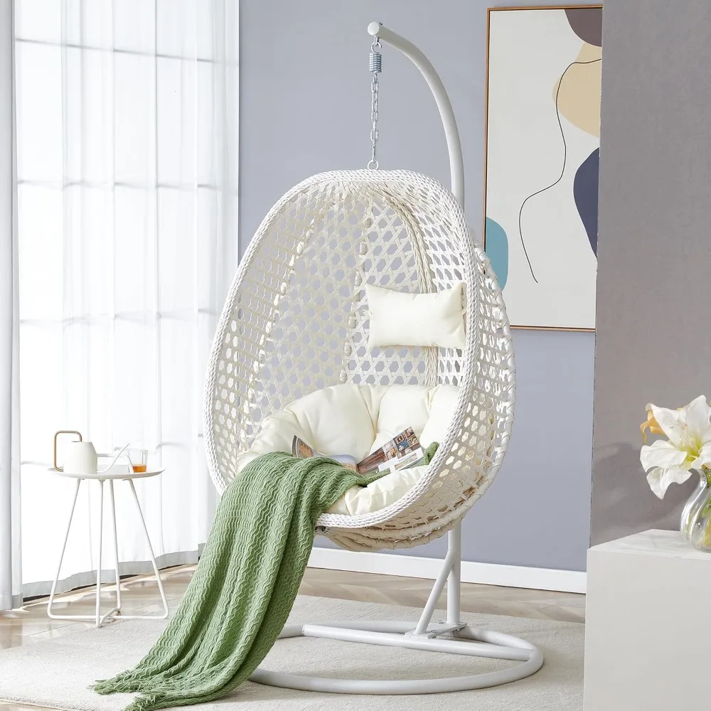 Silla colgante de ratán de gran tamaño con soporte, cojín grueso y basculante para exteriores, para interiores y exteriores. Cómoda silla columpio de huevo