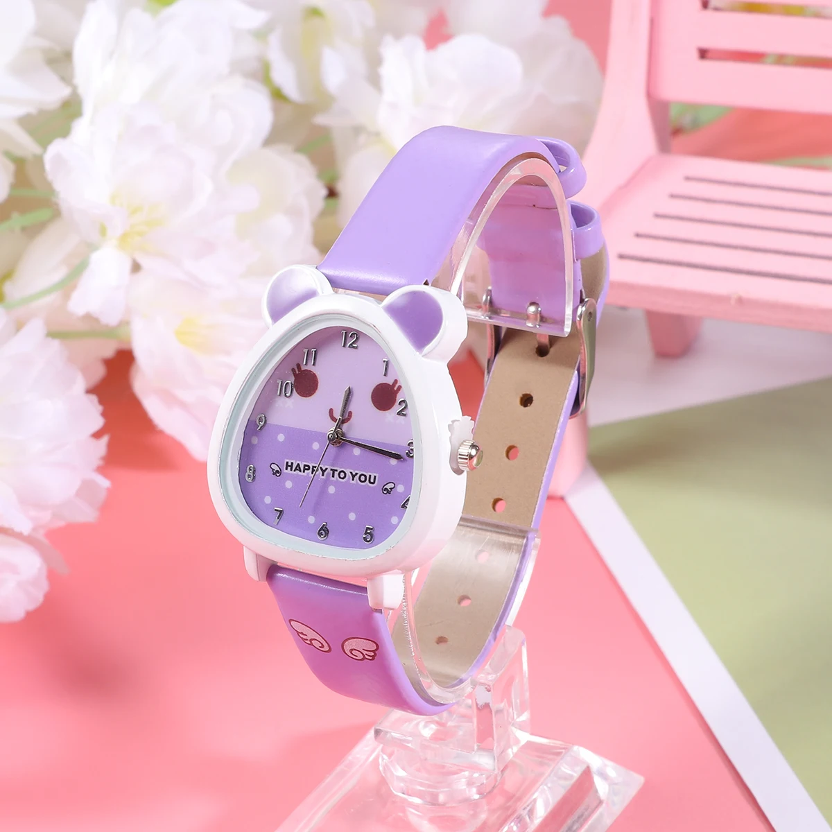 

Cartoon Children Watches Purple Colored Band Comfortable Pu Strap Durable Alloy Case Precise Movement 3D Design Creative Wrist