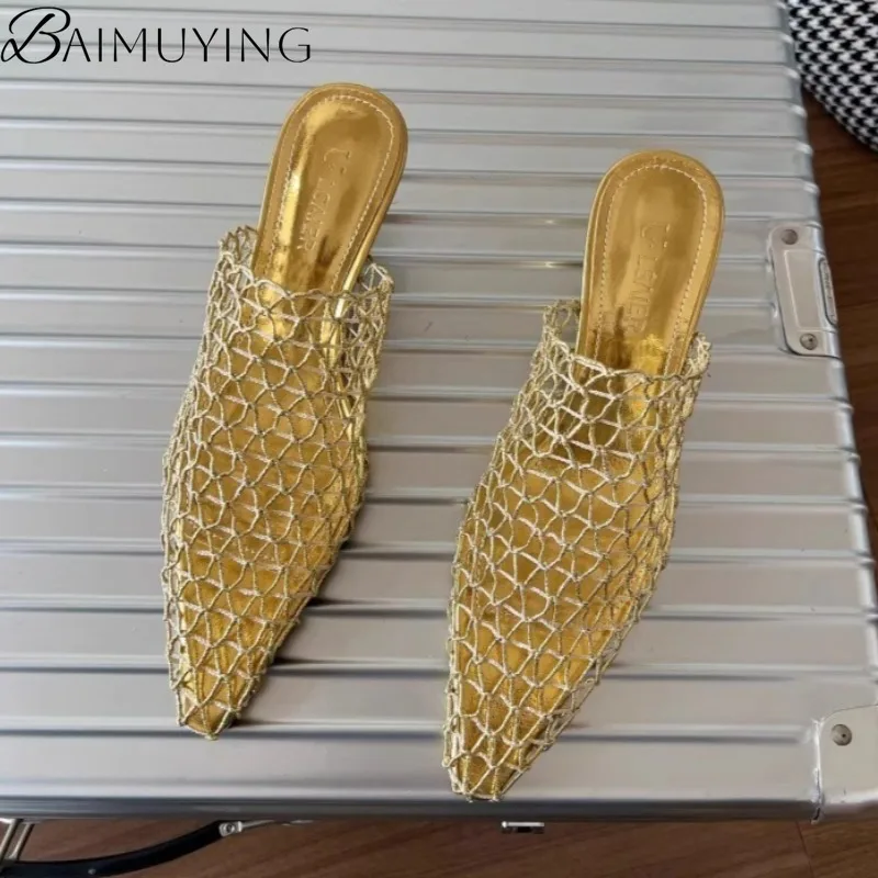 

Women Pointed Toe Mesh Heeled Sandals Sexy Hollow Mules Shoes Woman 2025 Fashion Summer Dress Weave Shallow Pumps Casual Slides