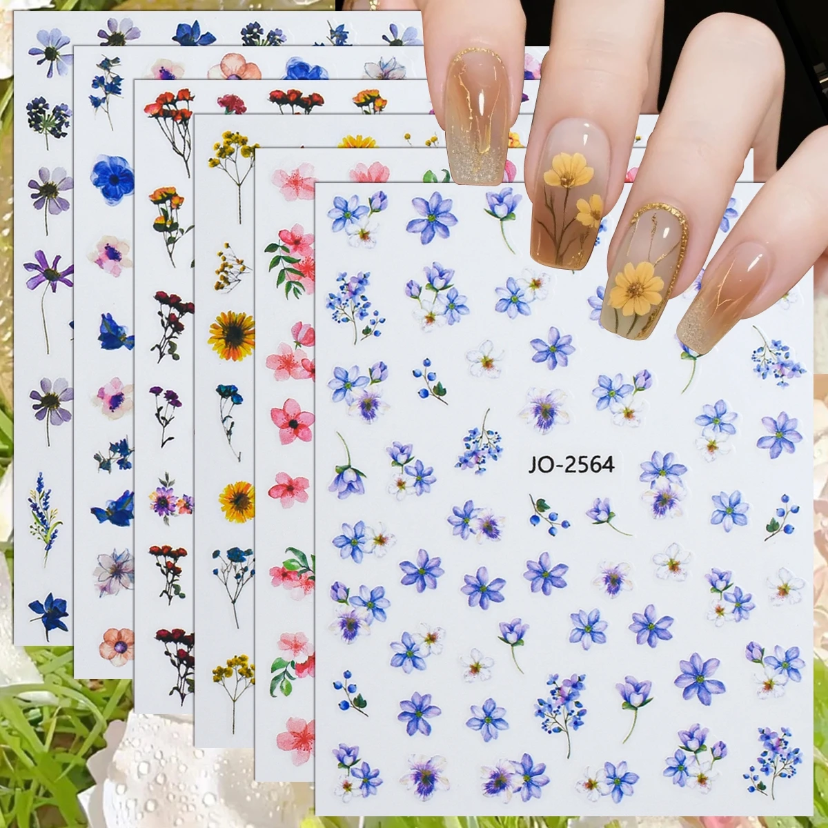 3 bis 18 Blatt Aquarell-Blumen-Nagelaufkleber, florale Nagelsticker, Frühling, Blau, Rosa, botanische DIY-Maniküre