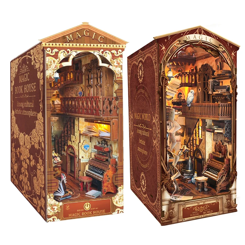 

DIY Wooden Magic World Book Nook Figurines Miniatures Bookend Handmade Bookshelf for Friends Birthday Gifts Home Decor Crafts