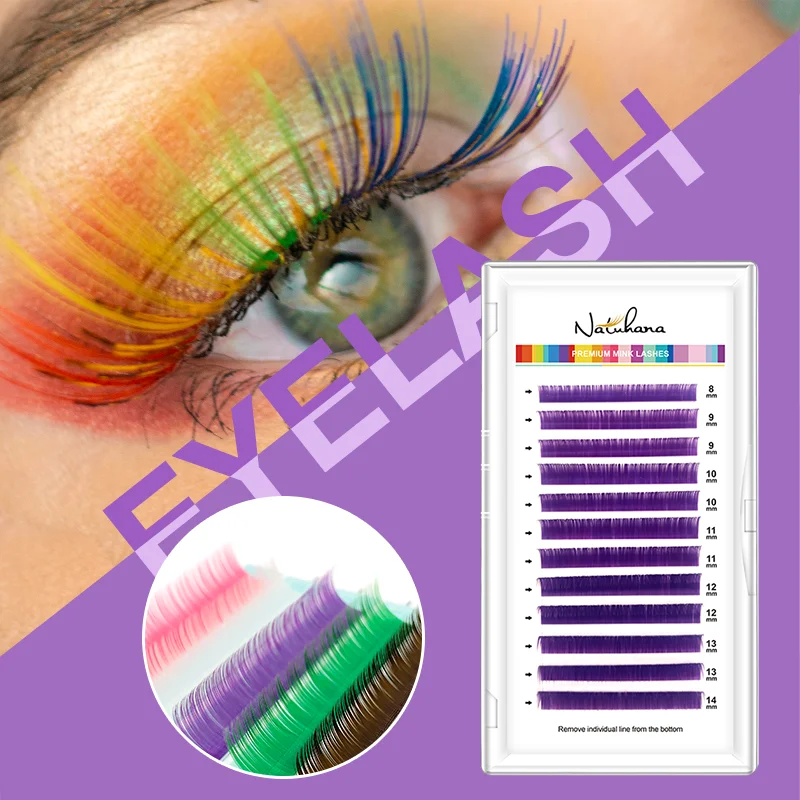 NATUHANA Colored Eyelashes for Extension Individual Color Lashes 8-14 Mix C D Curl False Mink Blue Rainbow Eyelashes Makeup