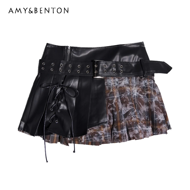 

2025 Autumn Black Khaki Splicing Hot Girl Strap Pleated Skirt Original Design Sweet Cool Irregular Sexy Leather Skirts Ladies
