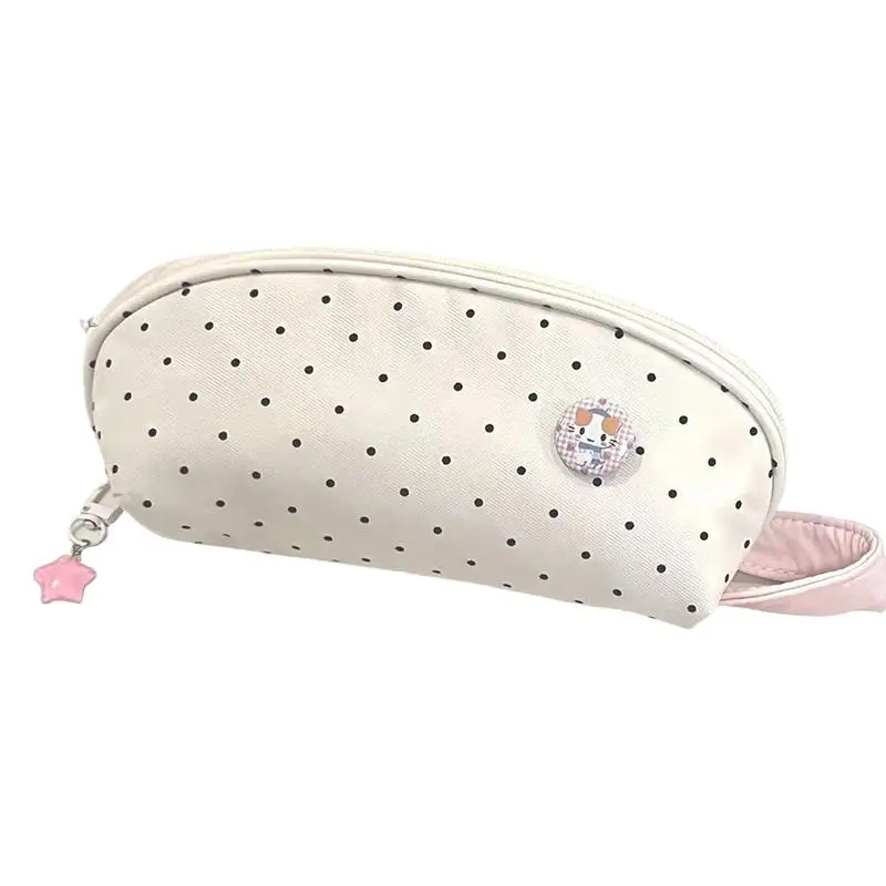 Niedliche weiße Polka-Dot-Federtasche mit großer Kapazität für Schüler, zur Aufbewahrung von Schulschreibwaren im täglichen Gebrauch. – Detail 6