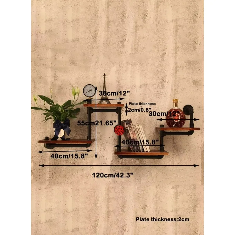 Rustic wooden metal floating shelves with wine racks for decorative wall bookshelves, suitable for kitchen or office organizers