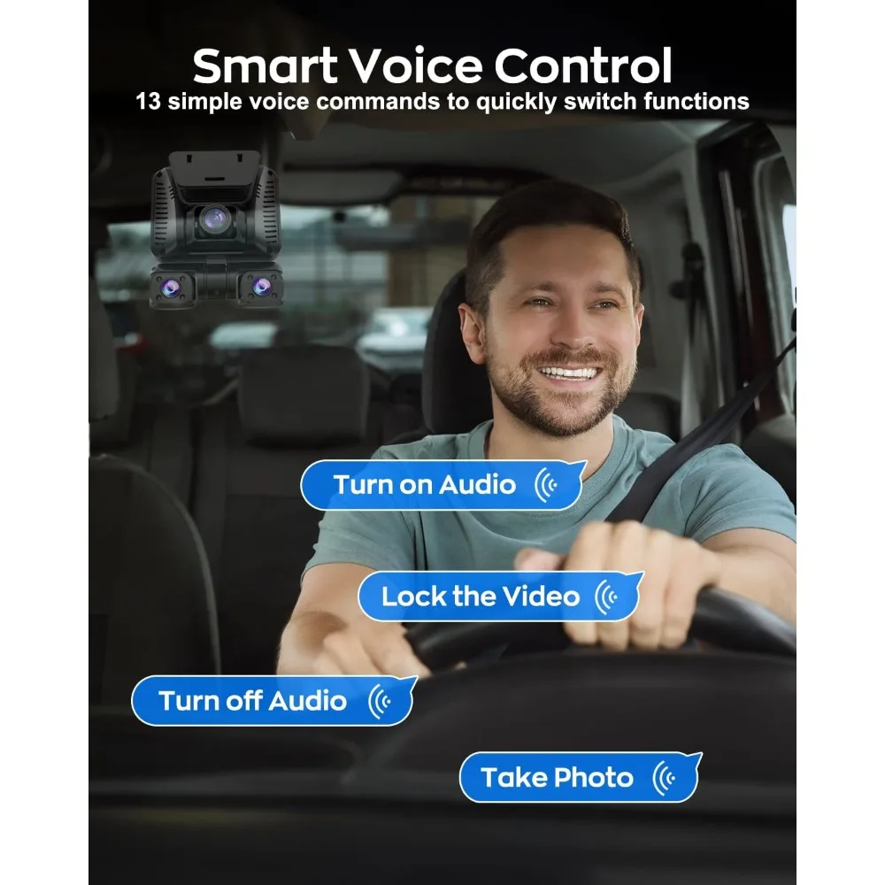 كاميرا داش 4K 360 °   عرض، كاميرا داش أمامية وخلفية ذات 4 قنوات للسيارات، نظام تحديد المواقع المدمج في 5 جيجا هرتز واي فاي، تحكم صوتي، بطاقة 128 جيجا مجانية، ليلية