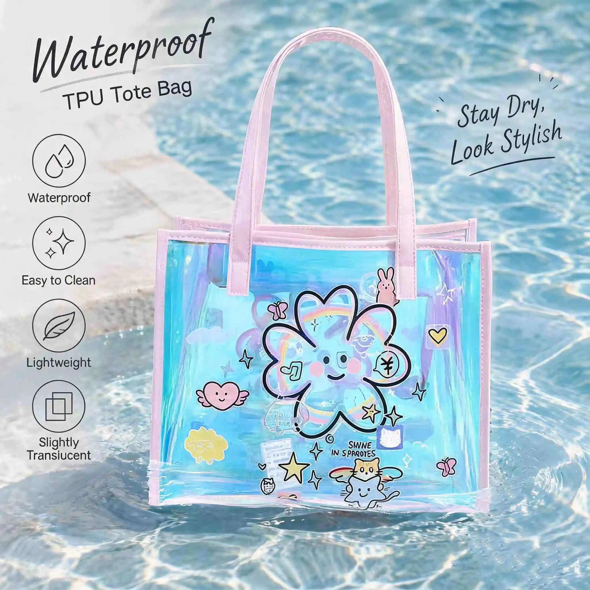 Women Holographic Clear Tote Bag Large Waterproof Cartoon Shoulder Bag for Shopping Travel Crack-Resistant in Cold Weather Gift