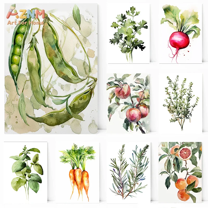 AZNM Watercolor Vegetable Fruit Herb Canvas Poster Frameless Wall Art Pea Carrot Radish Basil Orange Botanical Print For Kitchen