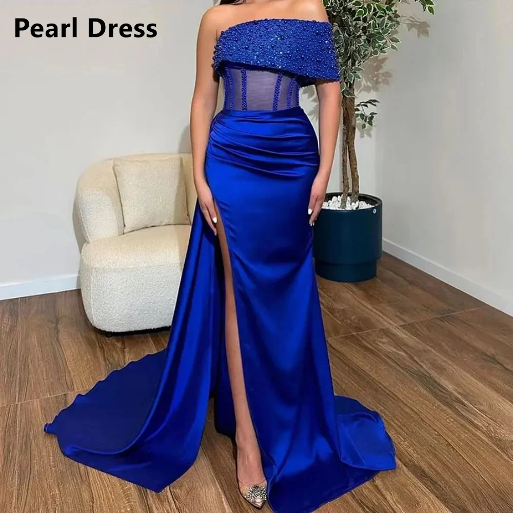 Pearl Off the Shoulders Dress Women Elegant Party Dresses Woman Wedding Dress Satin Side Slit Dresses for Special Events Evening