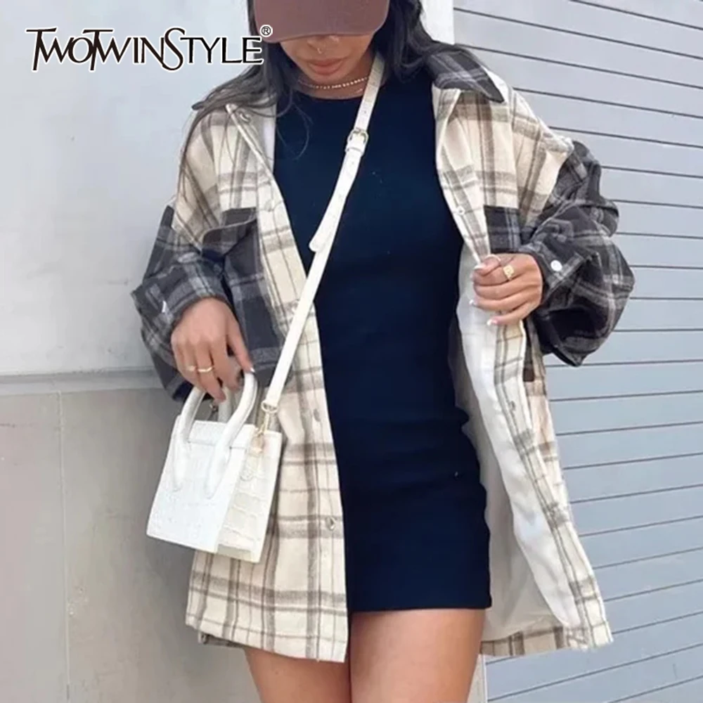 TWOTWINSTYLE Hit Color Plaid Loose Jackets for Women Lapel Long Sleeve Spliced Button Coats Female Fashon Style New