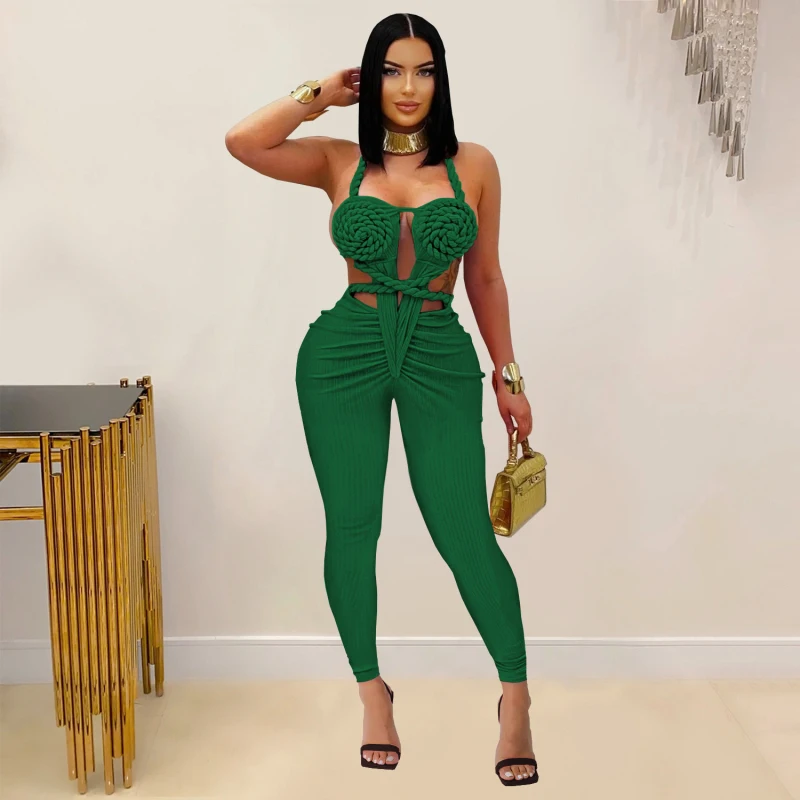 Trenty Sexy Women Halter Neck Knit Ribbed Ruched Stacked Jumpsuits Summer Vacation Beach Romper Playsuit One Piece Set Outfits
