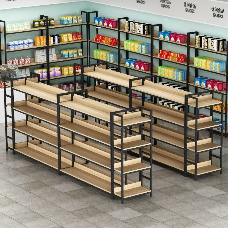 Custom. Supermarket Shelf Single and Double Sided Storage Rack Island Multi-layer Steel Wood Display Rack Convenience Store Snac