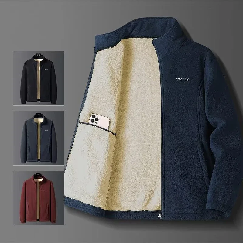 

Fleece Thick Men's Jacket Coat Autumn Winter Plus Size Business Stand Collar Warm Jacket Outdoor Sports Multi-Pocket Coats Man