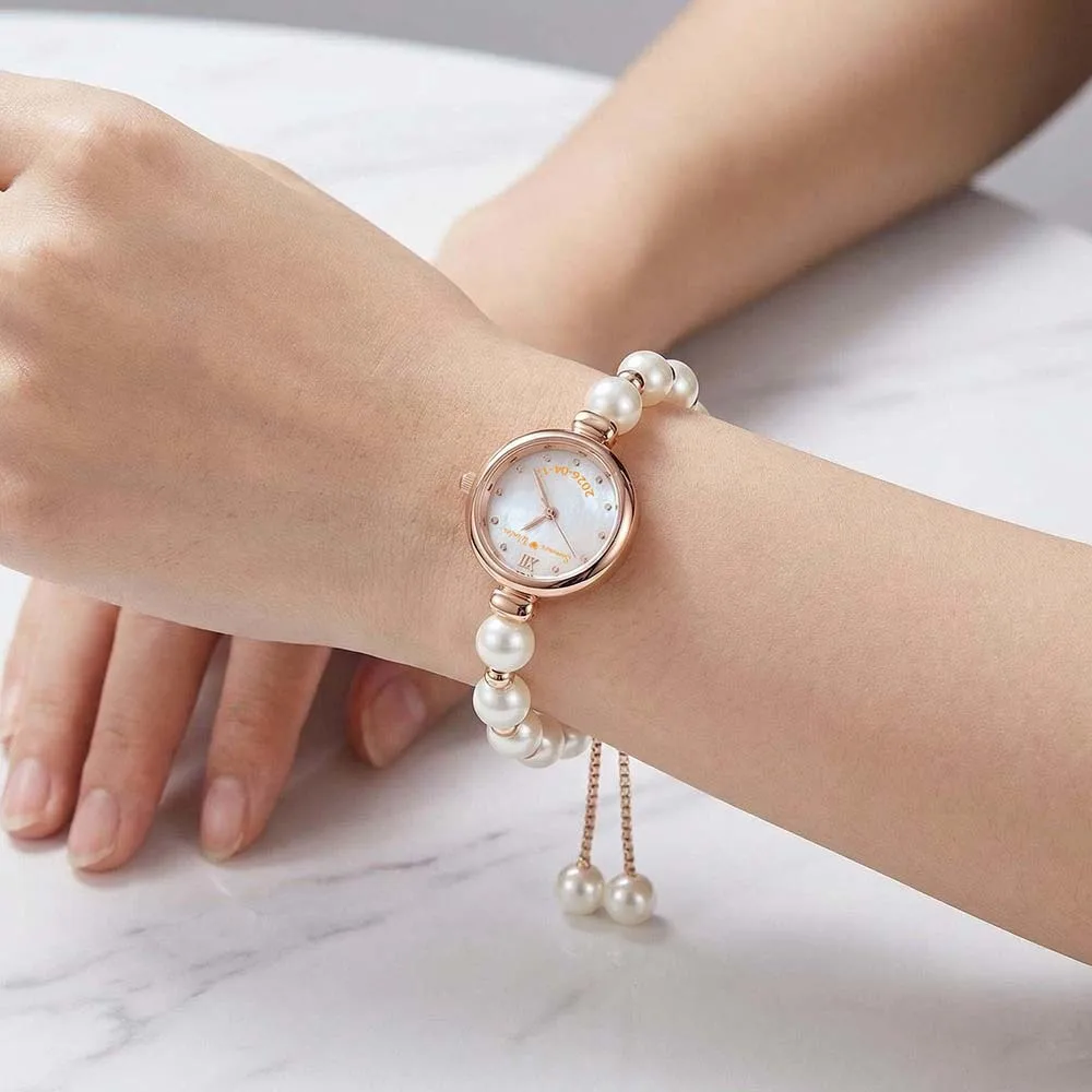 Jam Tangan Quartz Wanita dengan Foto dan Teks Kustom, Mutiara, Rantai Bolo Berhias Manik-manik yang Dapat Disesuaikan, Dial Kecil, Dapat Ditarik