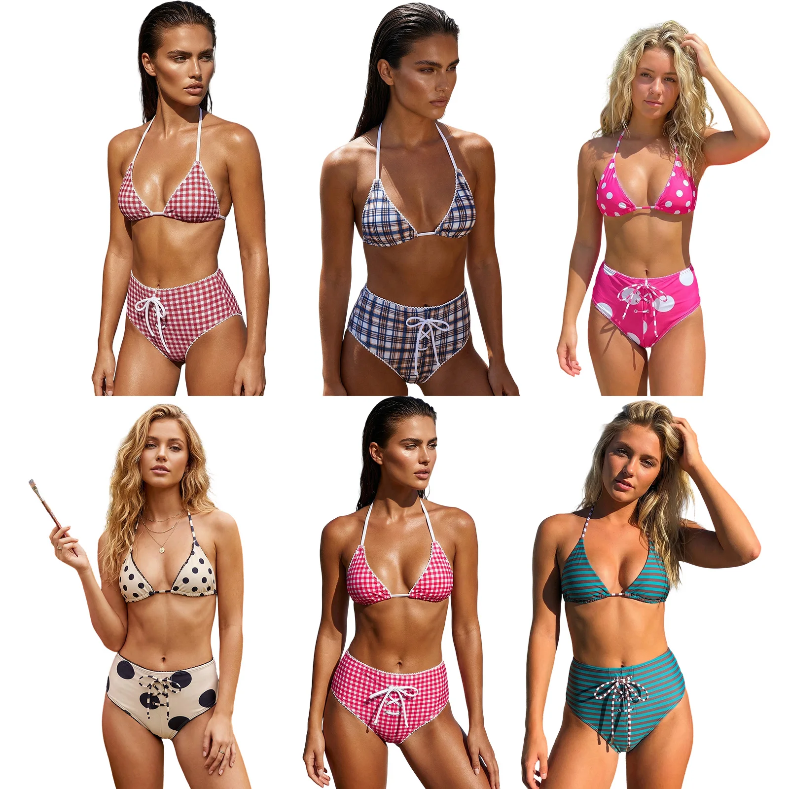 

Комплекты бикини с полосатым/точечным/клетчатым принтом для женщин: винтажные топы-халтеры с завязками, треугольные топы, шорты с низкой посадкой, сексуальные пляжные купальники