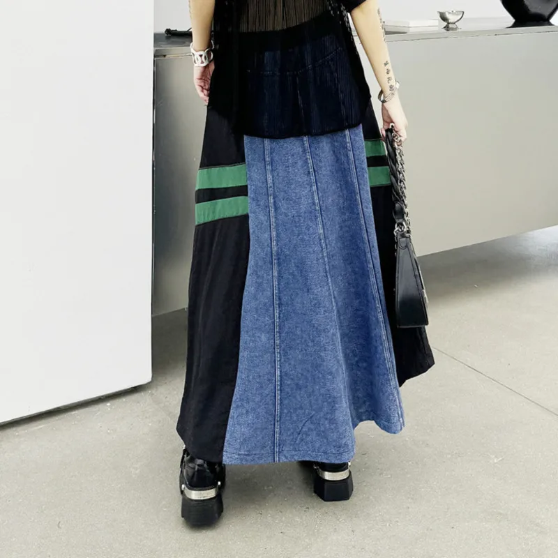 ANJY Spring Summer New Women Trendy Color Block Patchwork Pocket Denim Skirt Loose Drawstring Elastic Waist A-line Skirts A23734
