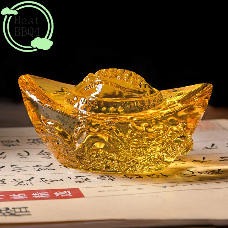 BBQ4 Chinese Style Citrine Ingot Gold Crystal Glass Colored Glaze Wealth Money Feng Shui Craft Figurines Home Decor