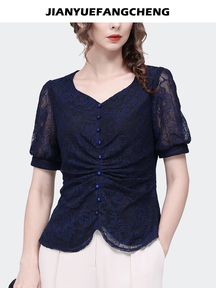 Vintage Hook Flower Hollow Women\' Short Sleeve V-neck Lace Shirt 2023 Summer Tops Slimming Cinch Waist Casual Blouses